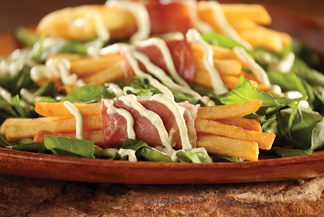Prosciutto Wrapped Fries with Avocado Drizzle