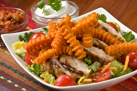 Grilled Mexican Chicken Salad with Sweet Potato Fries